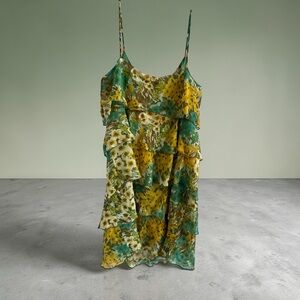 Lily Asymmetrical Floral Dress in Green and Yellow size Medium